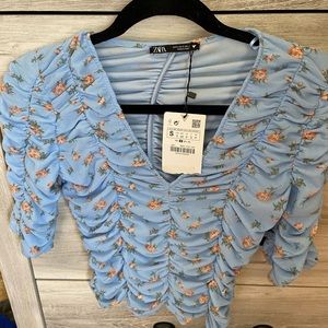 Zara Tulle Blue Floral Print Top Blouse  Size S Ruched